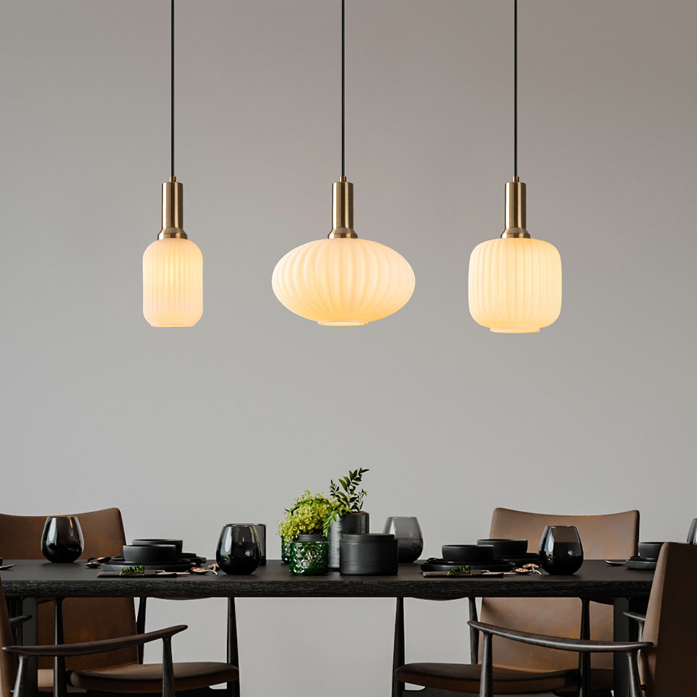 Asker 3 Light Metal Ribbed Glass Pendant Light in Gold and White