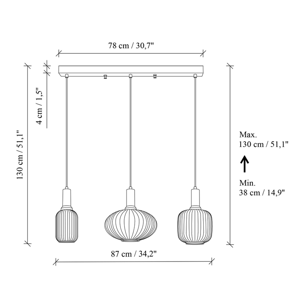 Asker 3 Light Metal Ribbed Glass Pendant Light in Gold and White