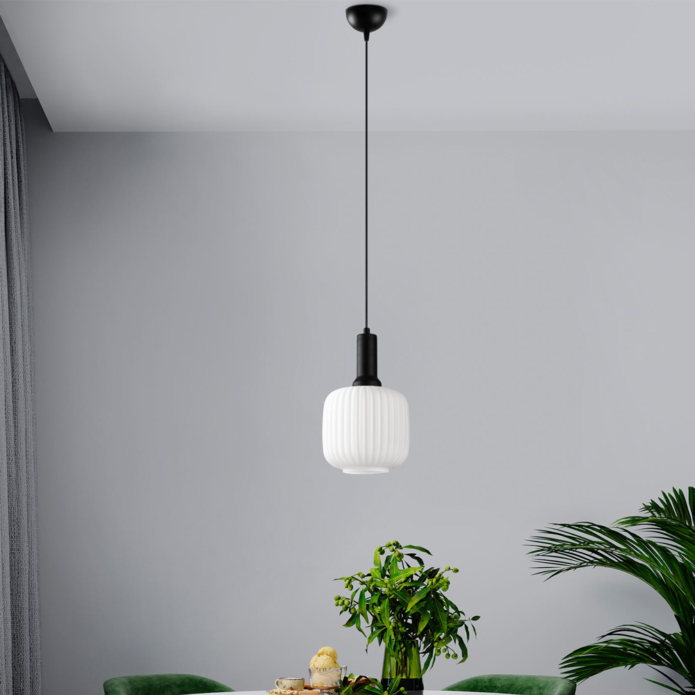 Asker Metal Cylindrical Ribbed Glass Pendant Light in Black and White