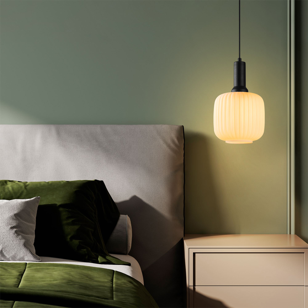 Asker Metal Cylindrical Ribbed Glass Pendant Light in Black and White