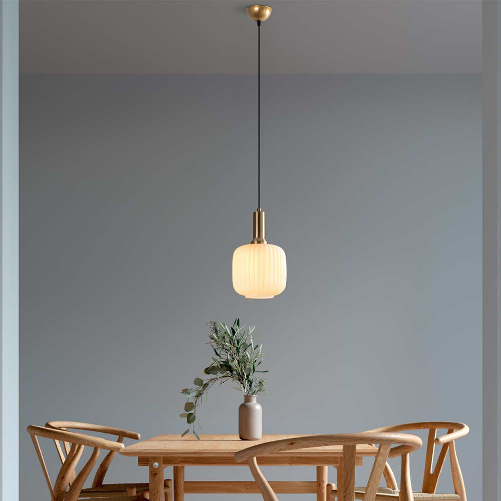 Asker Metal Cylindrical Ribbed Glass Pendant Light in Gold and Black