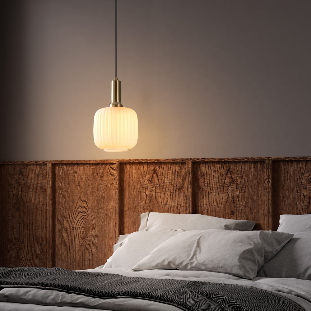 Asker Metal Cylindrical Ribbed Glass Pendant Light in Gold and Black