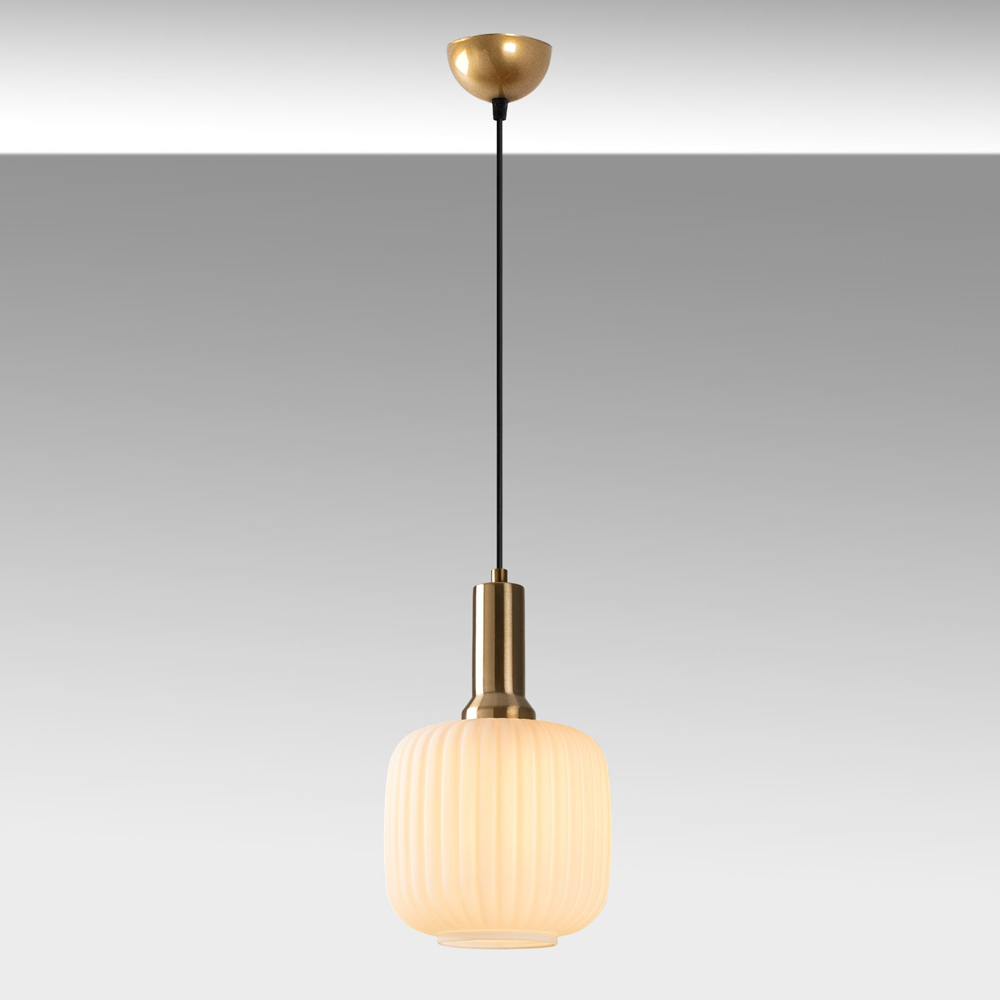 Asker Metal Cylindrical Ribbed Glass Pendant Light in Gold and Black