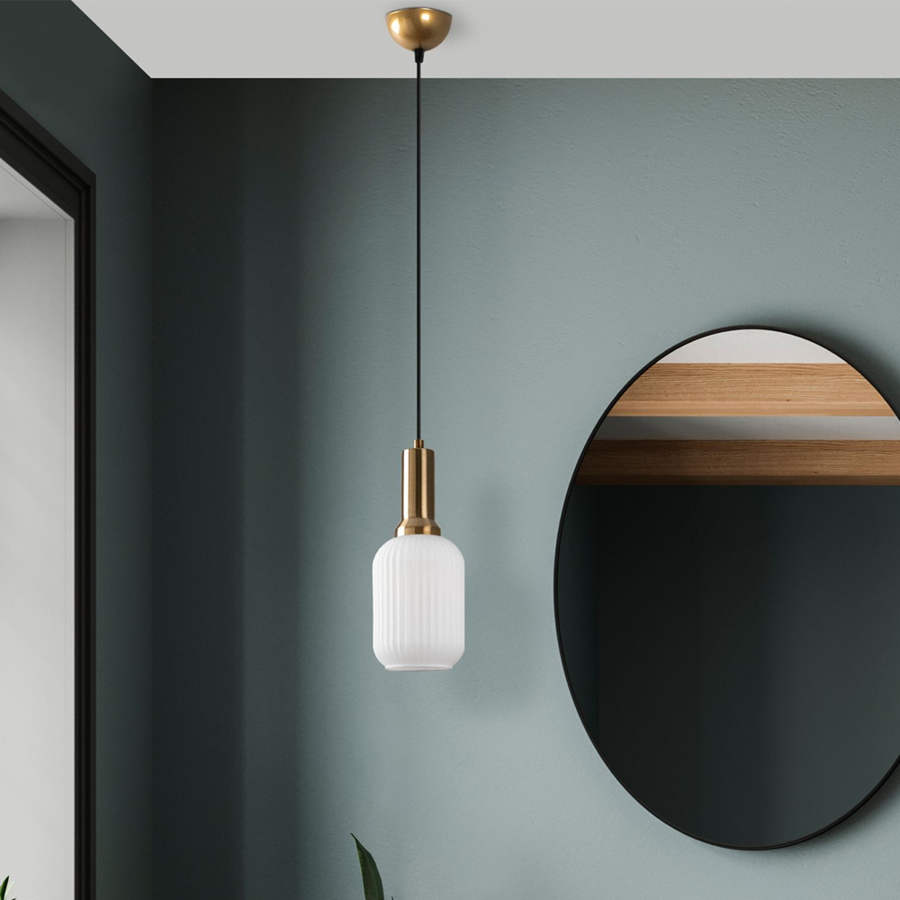 Asker Metal Cylindrical Ribbed Glass Pendant Light in Gold and White