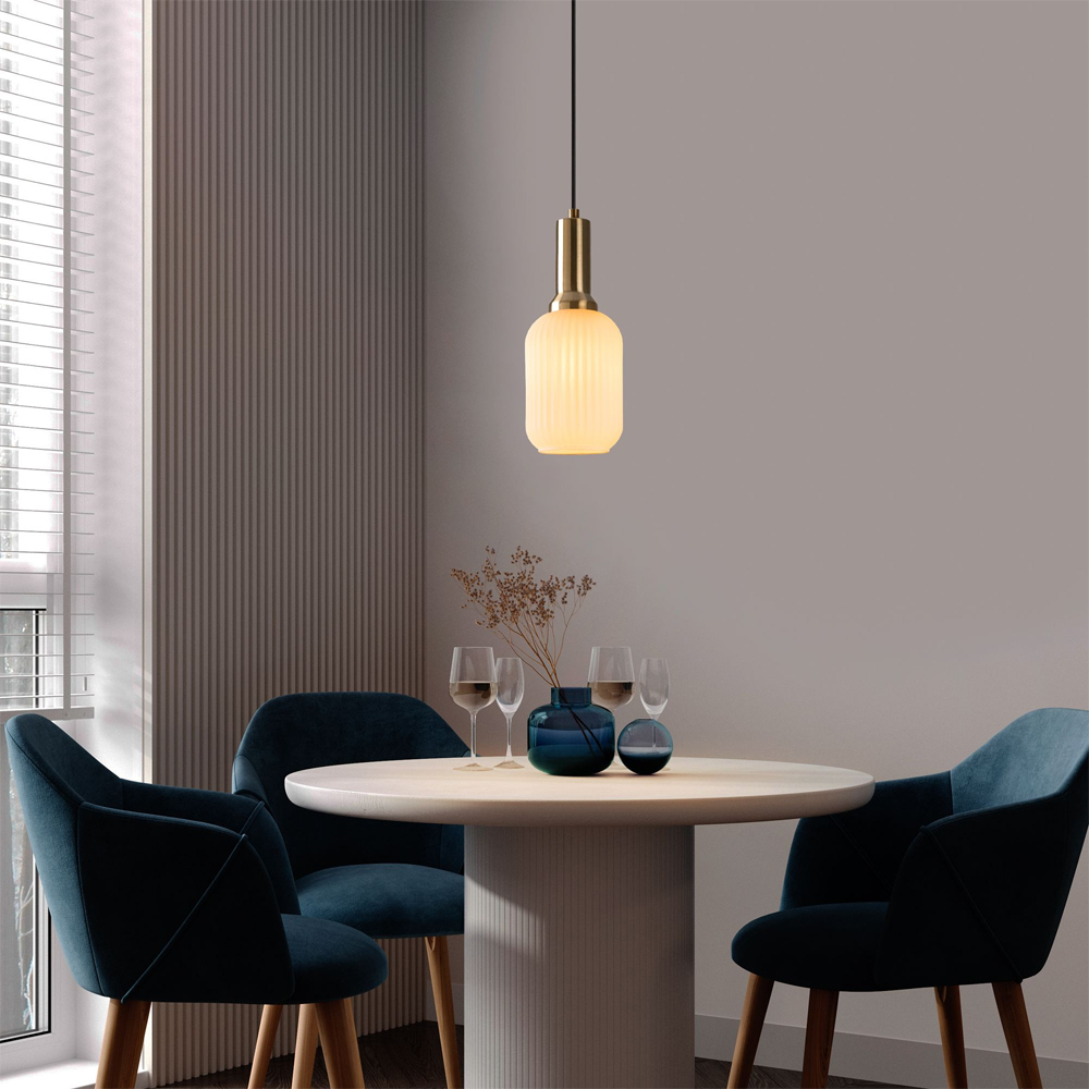 Asker Metal Cylindrical Ribbed Glass Pendant Light in Gold and White