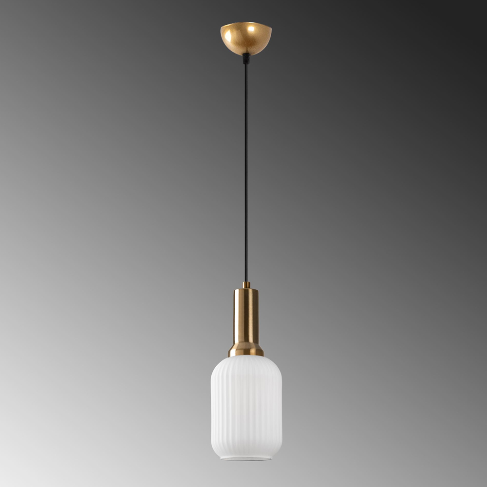 Asker Metal Cylindrical Ribbed Glass Pendant Light in Gold and White