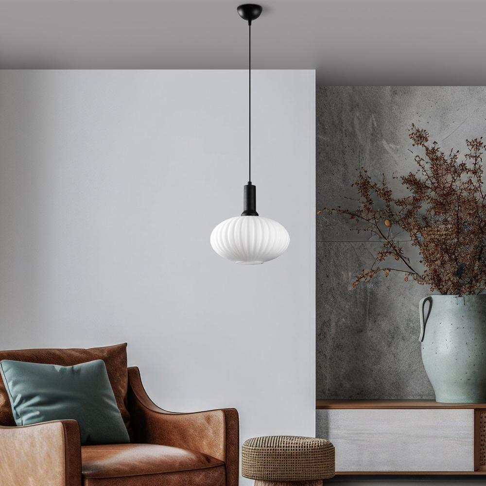 Asker Metal Oval Ribbed Glass Pendant Light in Black and White