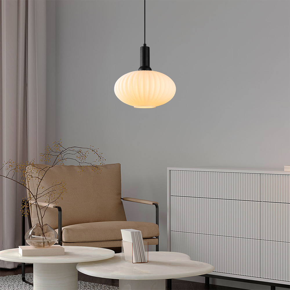Asker Metal Oval Ribbed Glass Pendant Light in Black and White