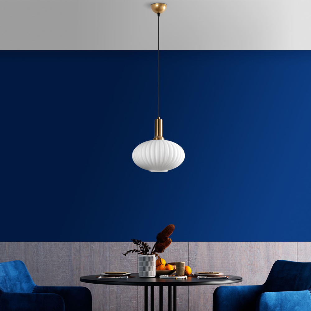 Asker Metal Oval Ribbed Glass Pendant Light in Gold and White