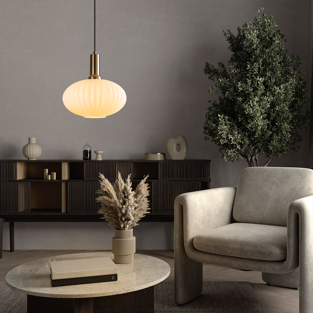Asker Metal Oval Ribbed Glass Pendant Light in Gold and White