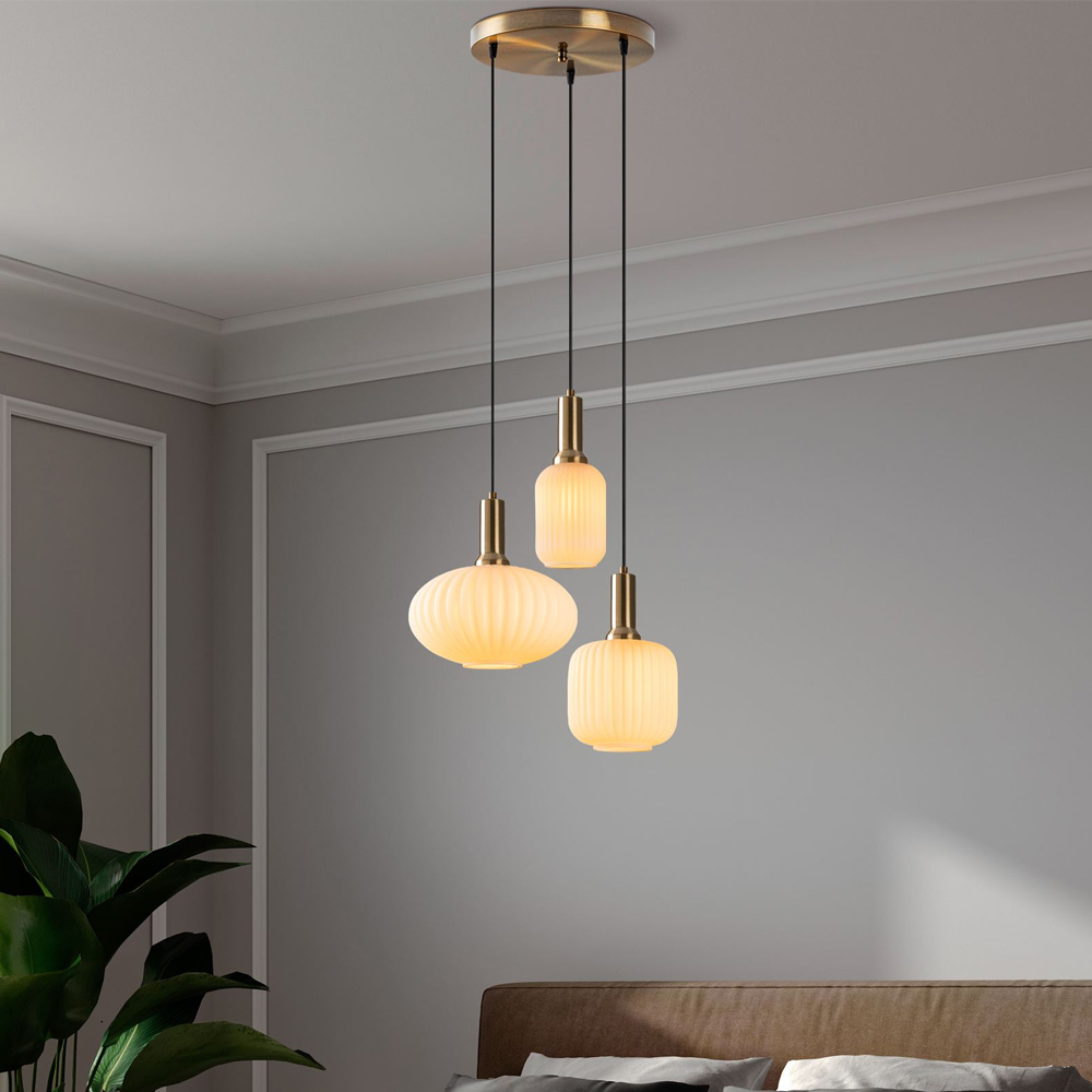 Asker Metal Ribbed Glass Cluster Pendant Light in Gold and White