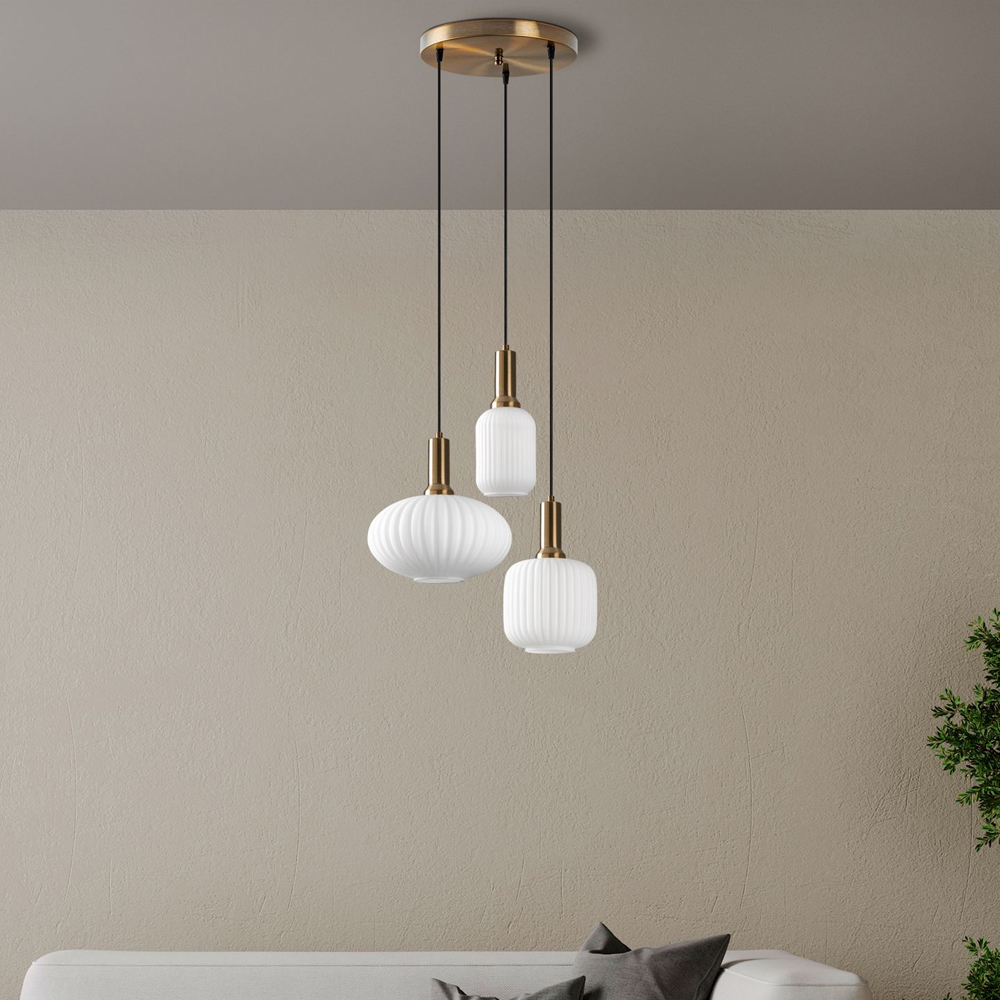Asker Metal Ribbed Glass Cluster Pendant Light in Gold and White