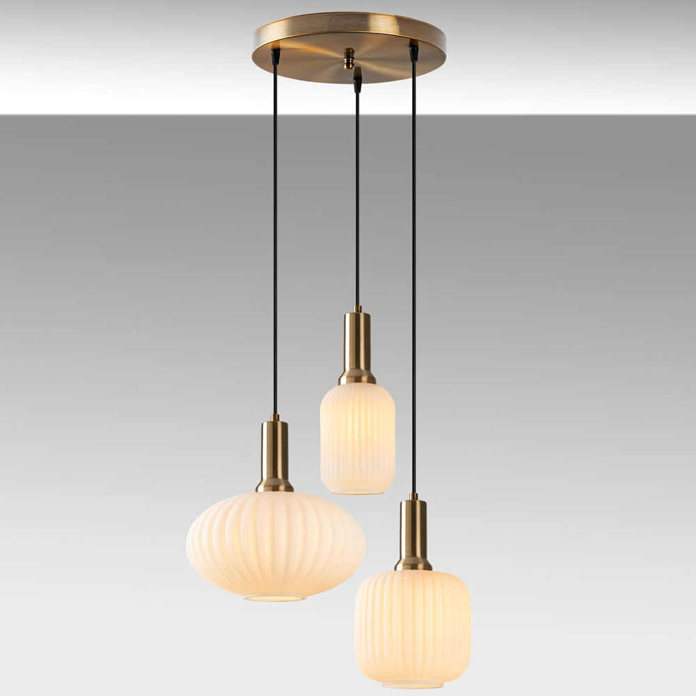 Asker Metal Ribbed Glass Cluster Pendant Light in Gold and White