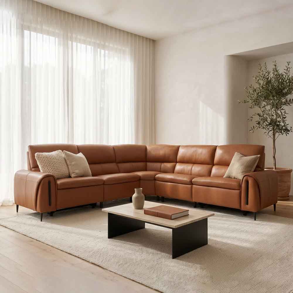 Alzaro Leather Electric Recliner Corner Sofa in Tan