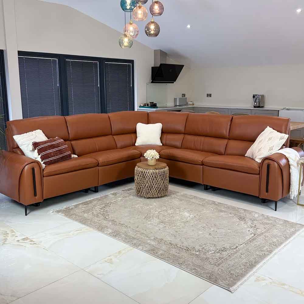 Alzaro Leather Electric Recliner Corner Sofa in Tan