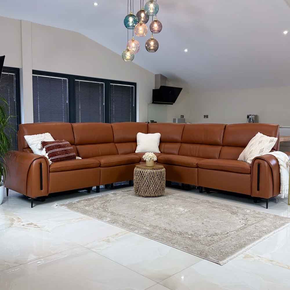 Alzaro Leather Electric Recliner Corner Sofa in Tan