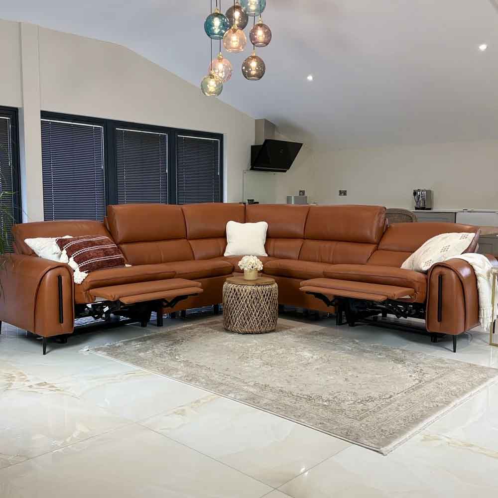 Alzaro Leather Electric Recliner Corner Sofa in Tan