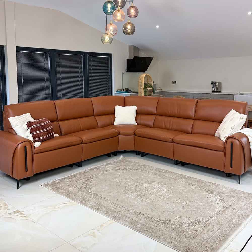 Alzaro Leather Electric Recliner Corner Sofa in Tan