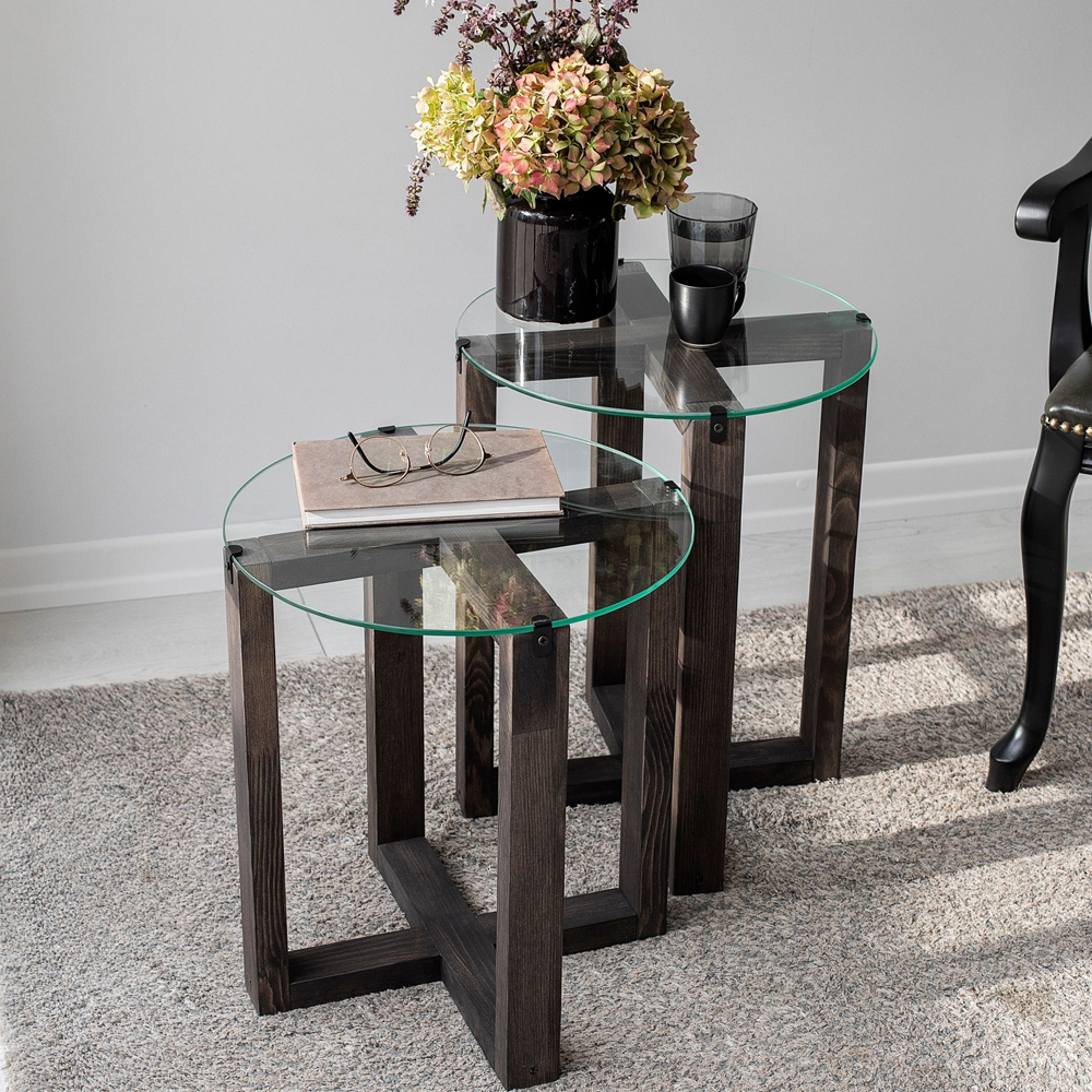 Amalfi Tempered Glass Top Nesting Side Tables with Anthracite Pine Wood Base