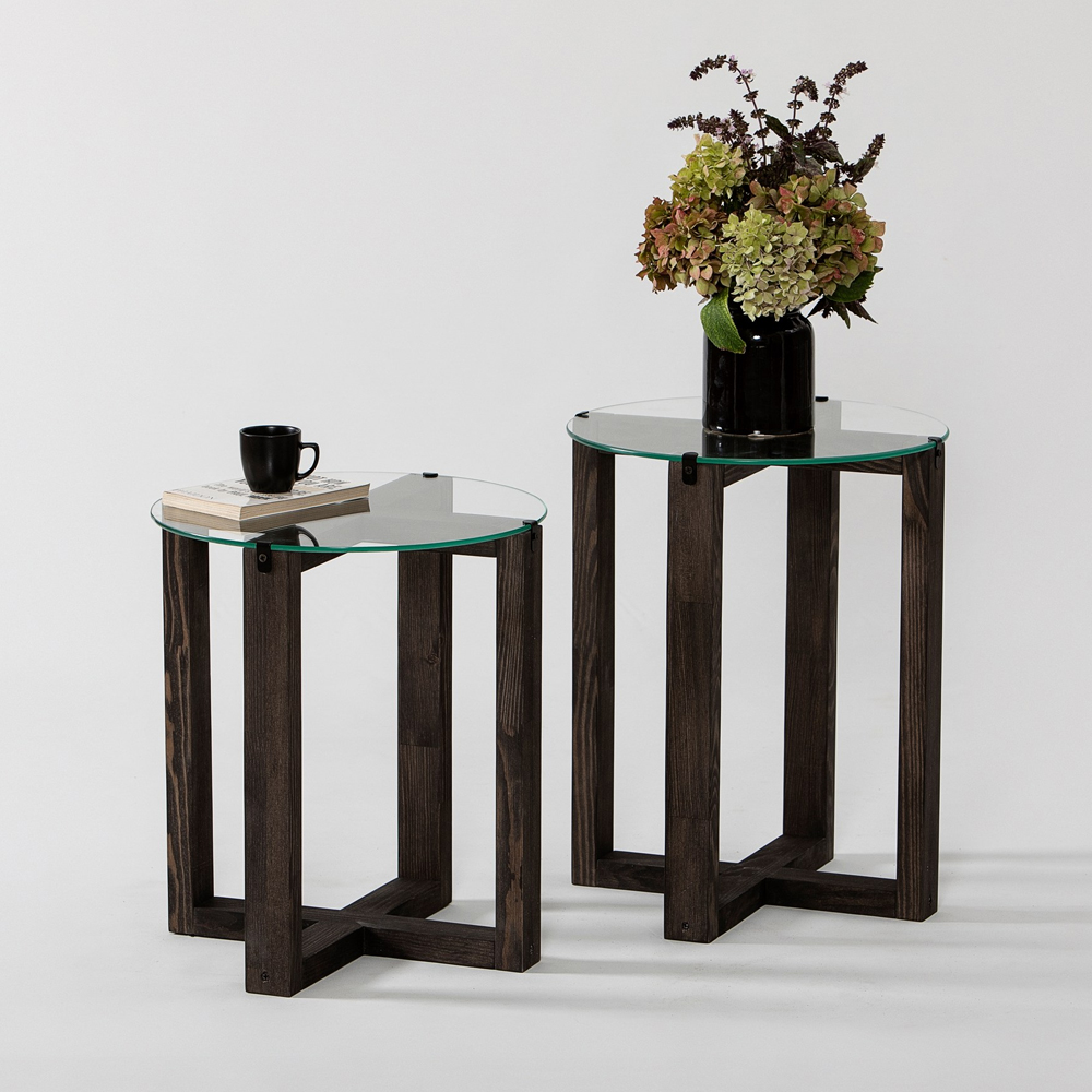 Amalfi Tempered Glass Top Nesting Side Tables with Anthracite Pine Wood Base