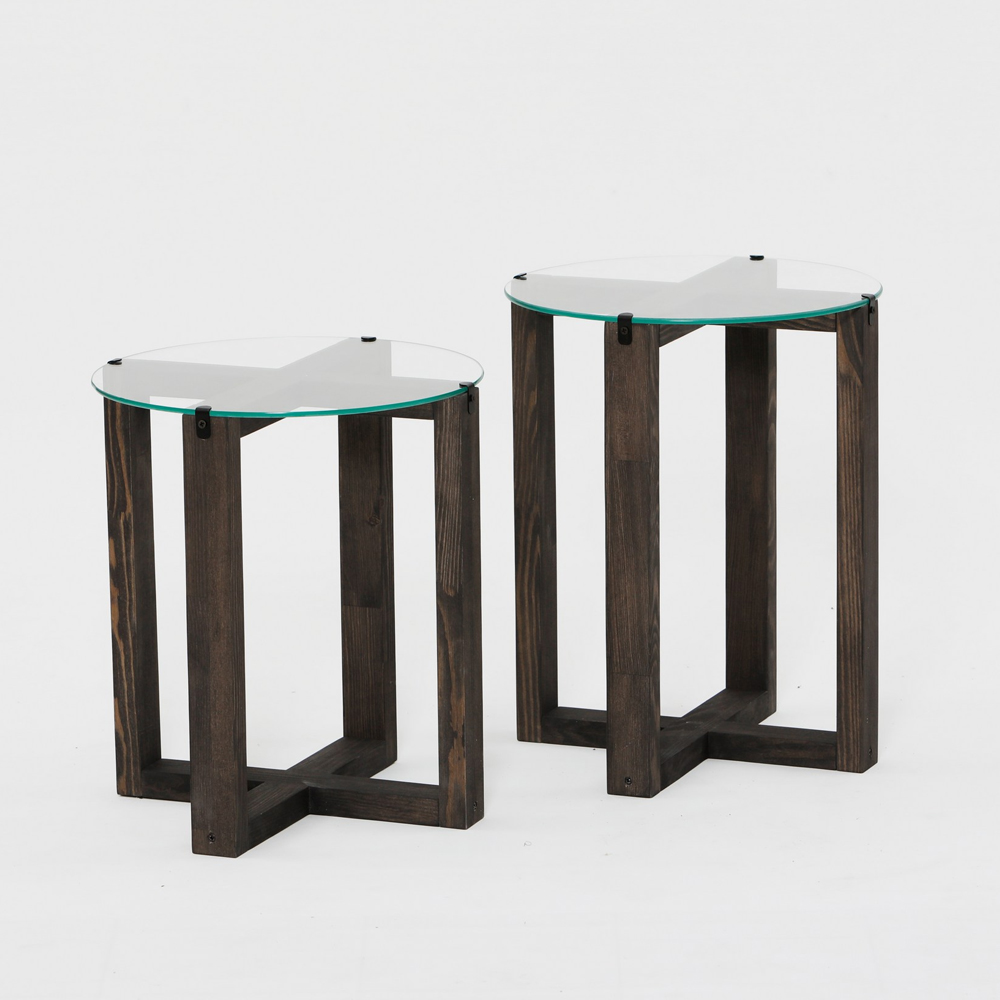 Amalfi Tempered Glass Top Nesting Side Tables with Anthracite Pine Wood Base