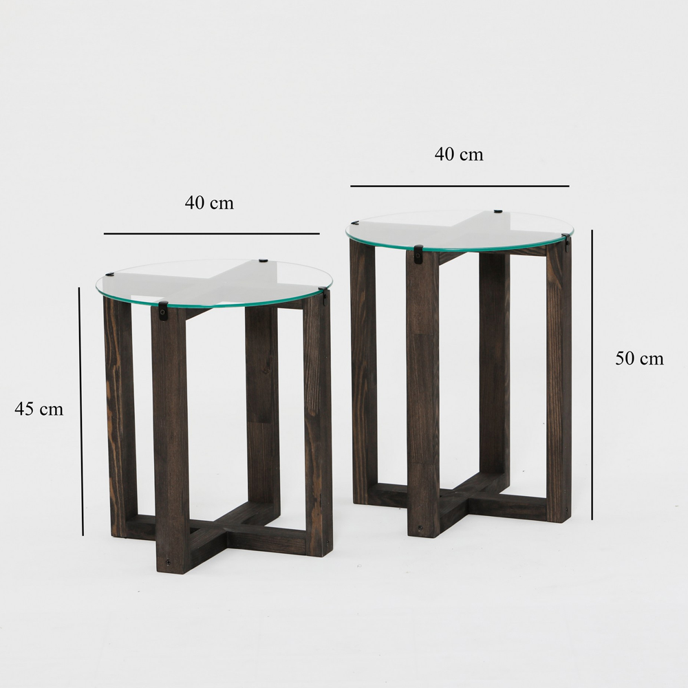 Amalfi Tempered Glass Top Nesting Side Tables with Anthracite Pine Wood Base