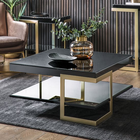 Product photograph of Amana Glass Top Coffee Table In Black With Golden Metal Frame from Furniture in Fashion
