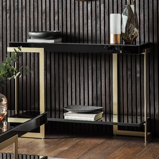 Read more about Amana glass top console table in black with golden metal frame