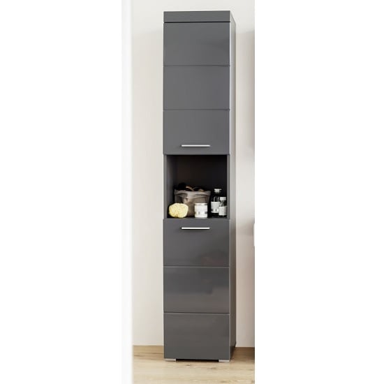 Photo of Amanda tall bathroom cabinet in grey with high gloss fronts