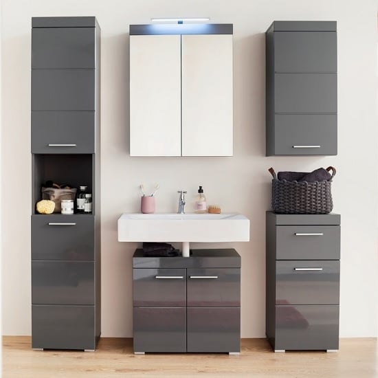 Amanda Tall Bathroom Cabinet In Grey With High gloss Fronts_2
