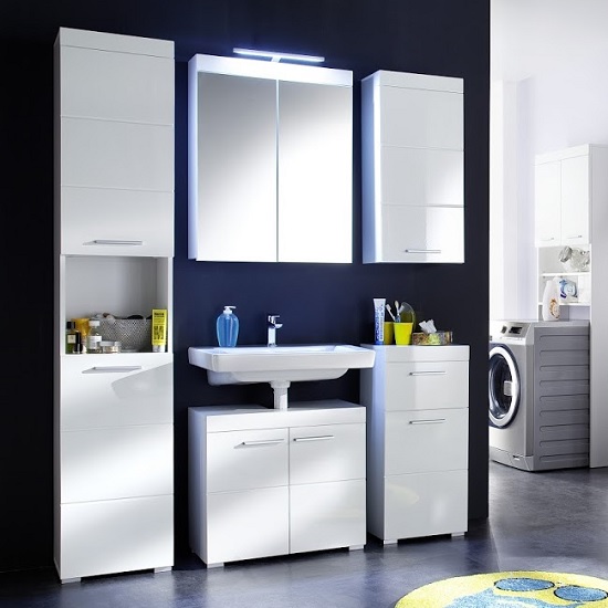 Read more about Amanda bathroom set in white with high gloss fronts and led