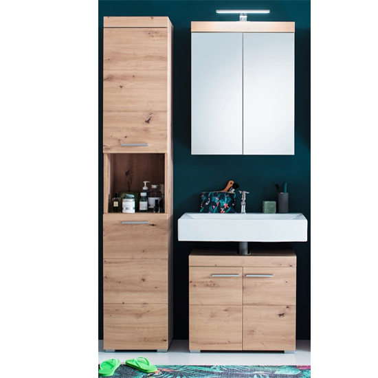 Read more about Amanda bathroom vanity and storage with led mirror in knotty oak