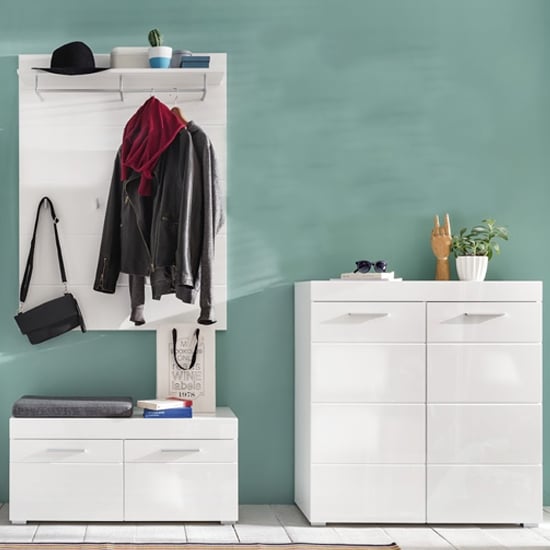 Amanda Coat Rack And Bench With Shoe Cabinet In White High Gloss