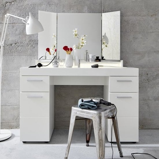 Amanda LED Dressing Table In White High Gloss With Mirror