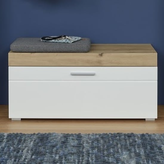 Read more about Amanda shoe storage bench in white high gloss and knotty oak