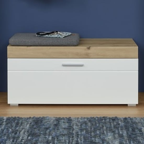 Amanda Shoe Storage Bench In White High Gloss And Knotty Oak