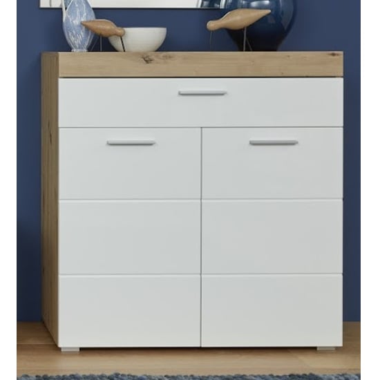 Product photograph of Amanda Shoe Storage Cabinet In White High Gloss And Knotty Oak from Furniture in Fashion