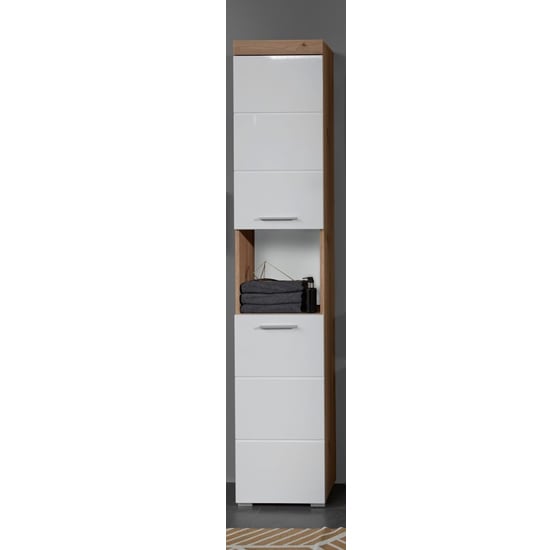 Photo of Amanda tall storage cabinet in white gloss and knotty oak