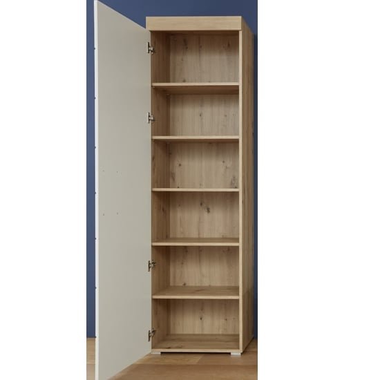 Amanda Tall Storage Cabinet In White High Gloss And Knotty Oak_2