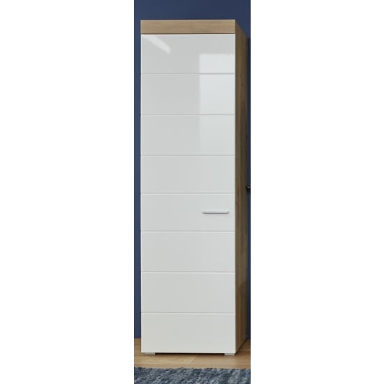 Read more about Amanda tall storage cabinet in white high gloss and knotty oak