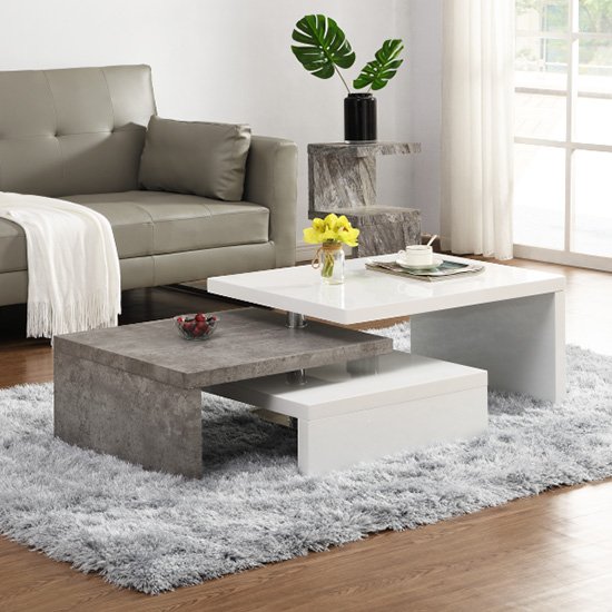 Amani White High Gloss Rotating Coffee Table In Concrete Effect