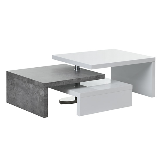 Amani White High Gloss Rotating Coffee Table In Concrete Effect