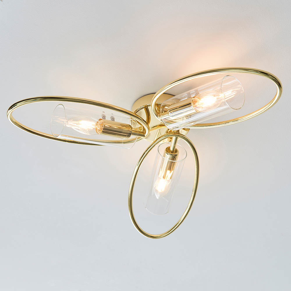 Amari Clear Glass Shade Semi Flush Light In Brass
