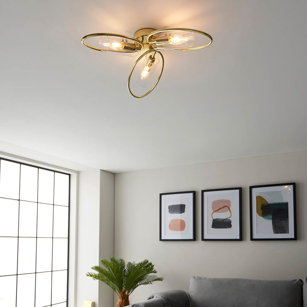 Amari Clear Glass Shade Semi Flush Light In Brass