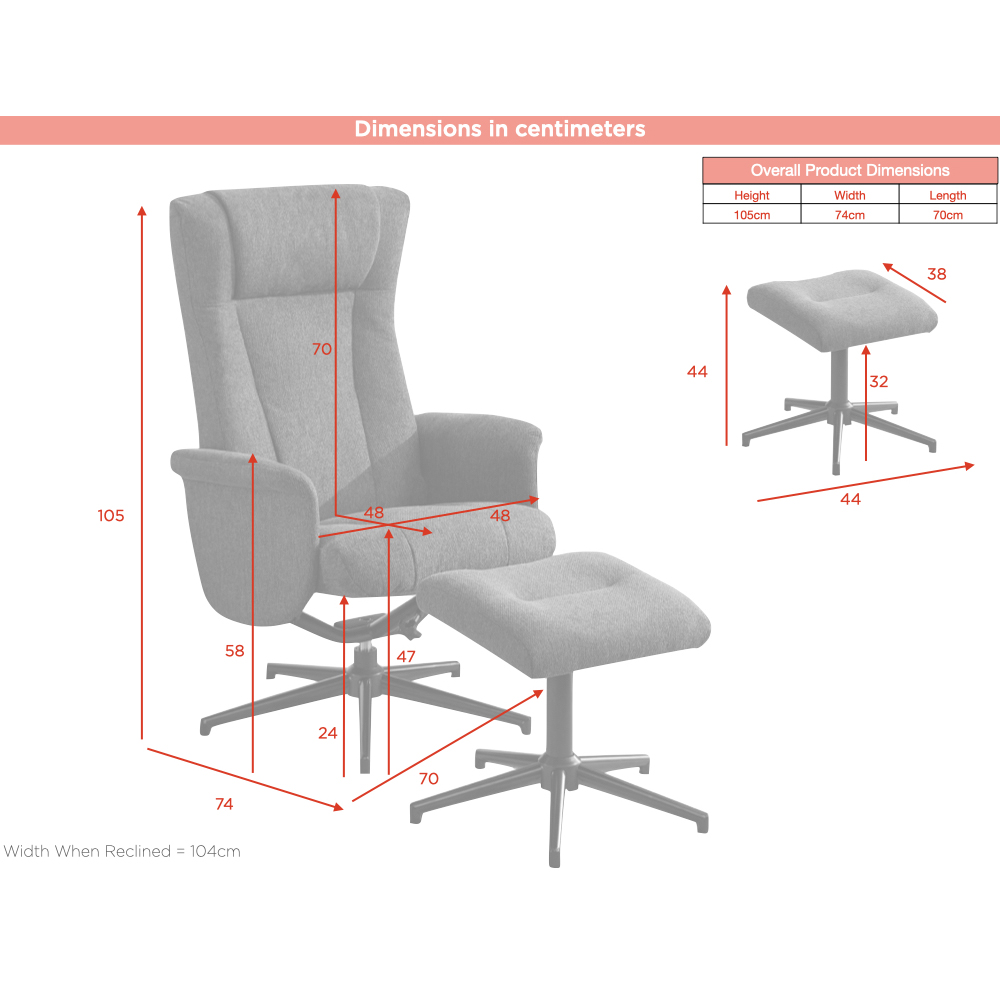 Amarillo Fabric Recliner Chair With Stool in Rose