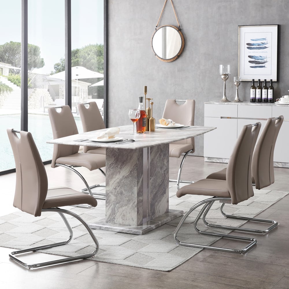 Amarillo Marble Dining Table With 6 Champagne Chairs In Grey