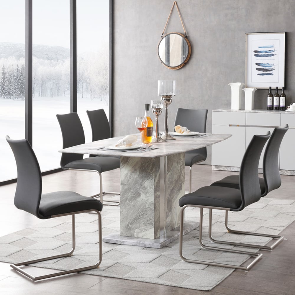 Amarillo Marble Dining Table With 6 Grey Chairs In Grey