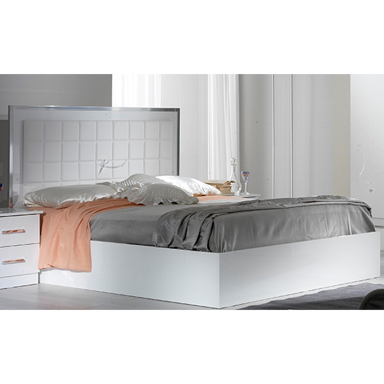 Ambra High Gloss King Size Bed In White With LED