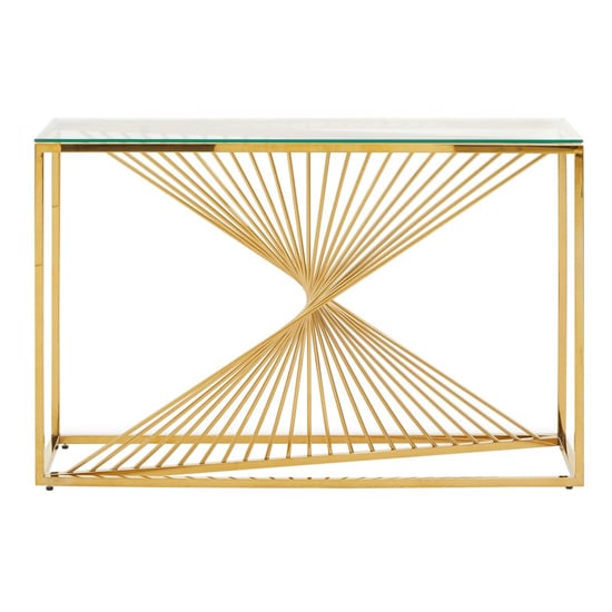 Product photograph of Amelia Clear Glass Console Table With Gold Metal Base from Furniture in Fashion