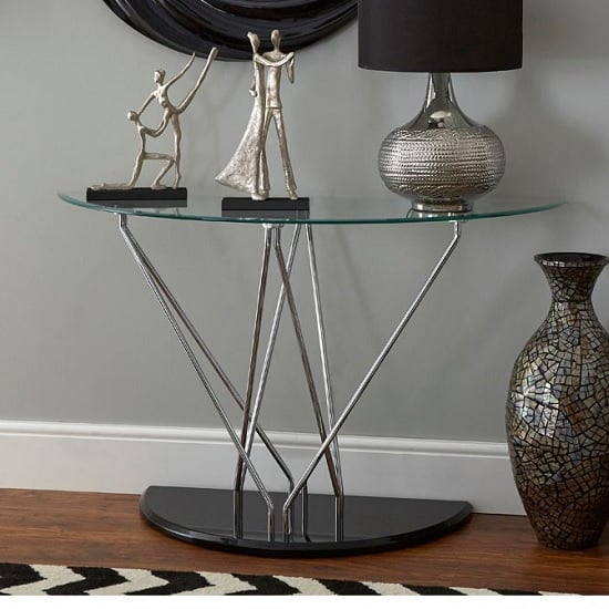 Photo of Amelia half moon clear glass top console table with black base